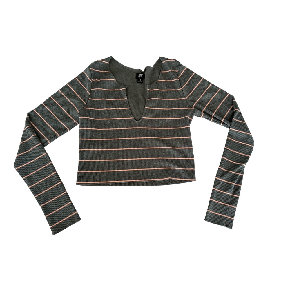BDG Urban‎ Outfitters Womens Large Ribbed Striped V-Notch Crop Top Grey Pink